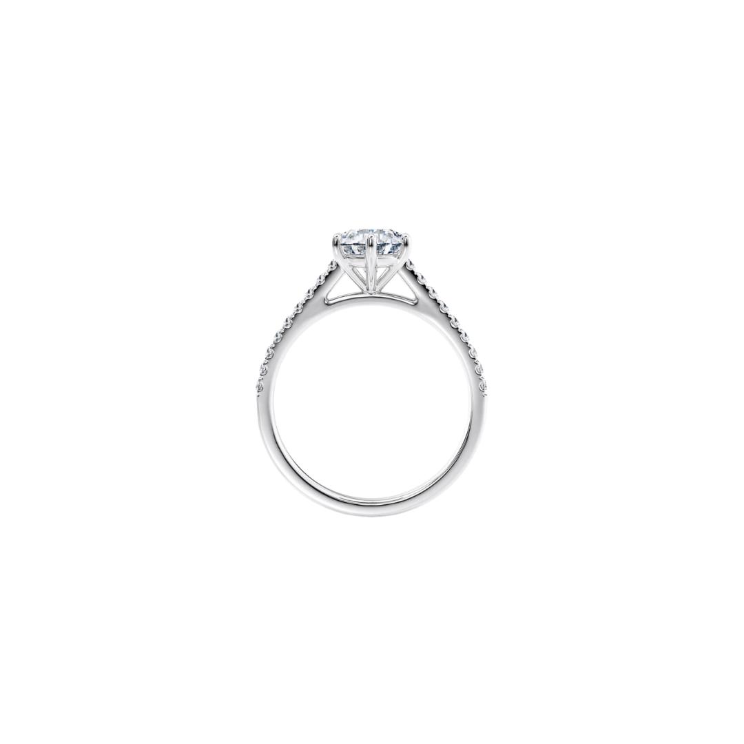 [Round Brilliant Cut] Six-Prong Pavé Diamond Engagement Ring with Button Claw in 18K White Gold Setting