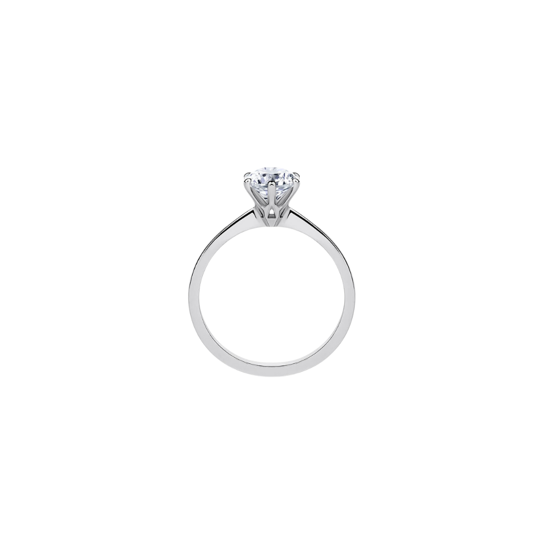 [Round Brilliant Cut] Six-Prong Solitaire Ring with Button Claw in 18K White Gold Tapered Band Setting