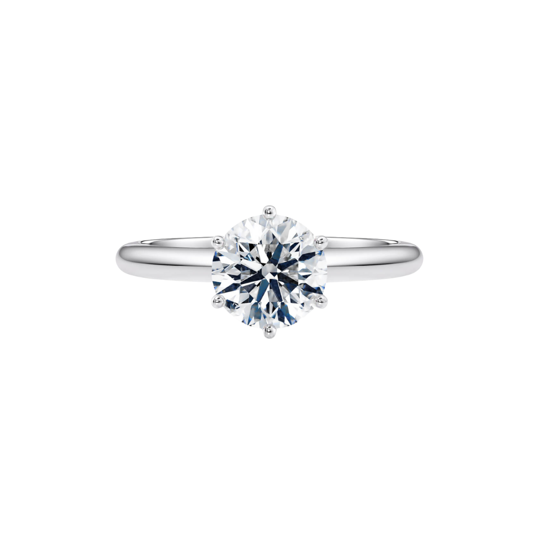 [Round Brilliant Cut] Six-Prong Solitaire Ring with Button Claw in 18K White Gold Straight Band Setting