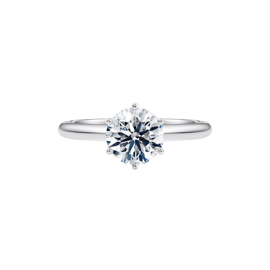 [Round Brilliant Cut] Six-Prong Solitaire Ring with Button Claw in 18K White Gold Straight Band Setting