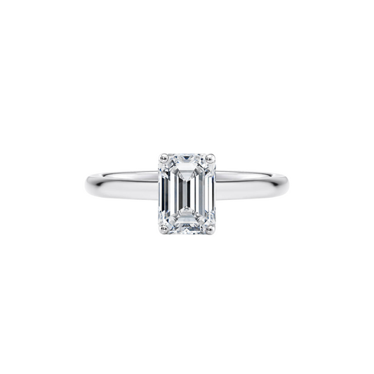 [Emerald Brilliant Cut] Button Claw Ring in 18K White Gold Straight Band Setting