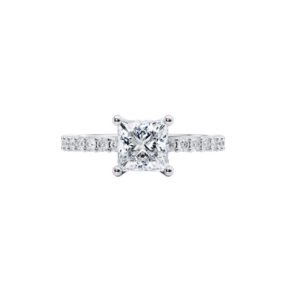 [Princess Brilliant Cut] Pavé Ring with Button Claw in 18K White Gold Setting