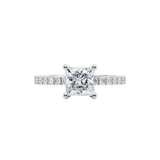 [Princess Brilliant Cut] Pavé Ring with Button Claw in 18K White Gold Setting