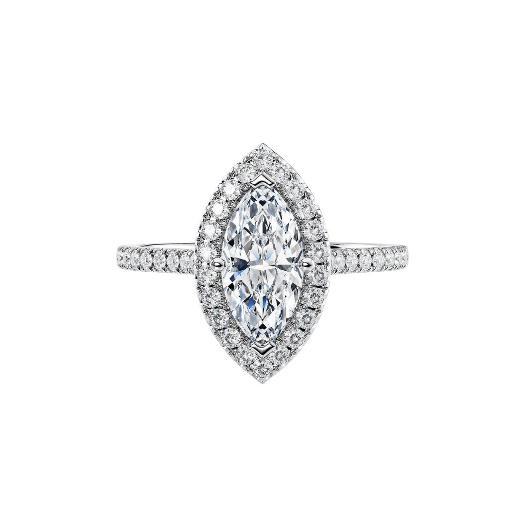 1 Ct. Halo Marquise Brilliant Diamond Half Pavé Ring in 18K White Gold Setting