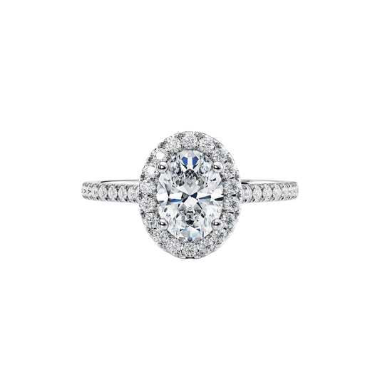 1 Ct. Halo Oval Brilliant Diamond Half Pavé Ring in 18K White Gold Setting