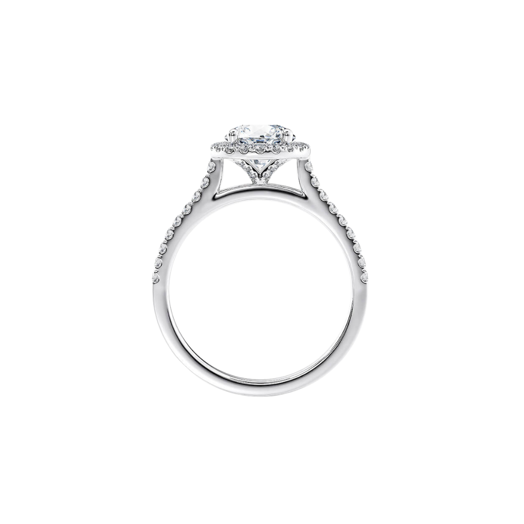 1 Ct. Halo Round Brilliant Diamond Half Pavé Ring in 18K White Gold Setting