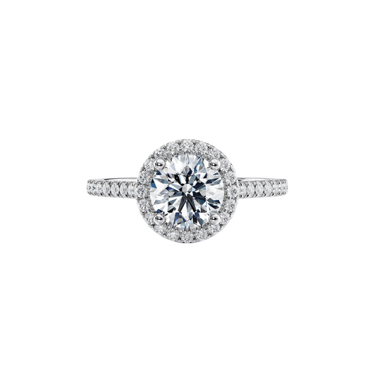 1 Ct. Halo Round Brilliant Diamond Half Pavé Ring in 18K White Gold Setting