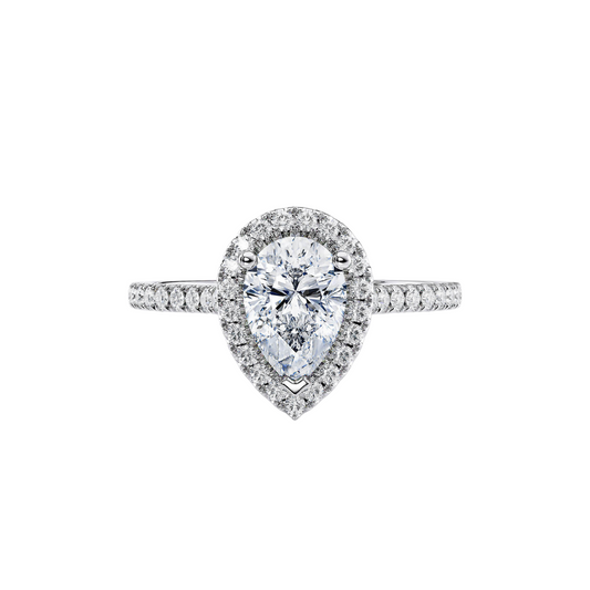 1 Ct. Halo Pear Brilliant Diamond Half Pavé Ring in 18K White Gold Setting