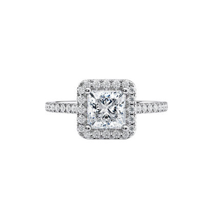 [Princess Brilliant Cut] Halo Half Pavé Ring in 18K White Gold Setting