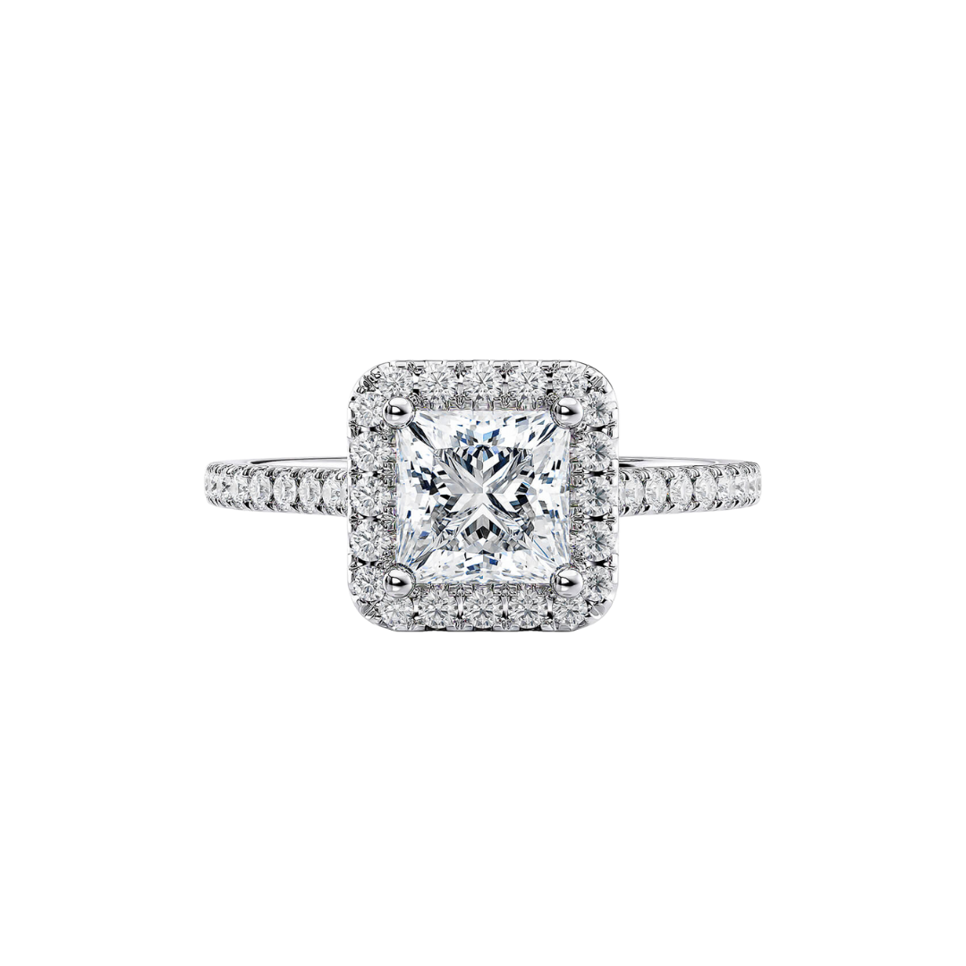 1 Ct. Halo Princess Brilliant Diamond Half Pavé Ring in 18K White Gold Setting