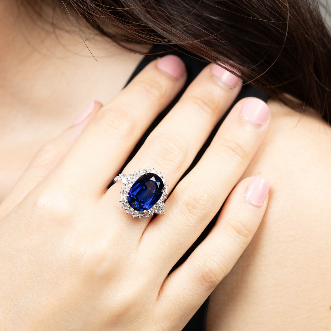 6 Ct. Lab-Grown Sapphire in 18K White Gold Halo Setting