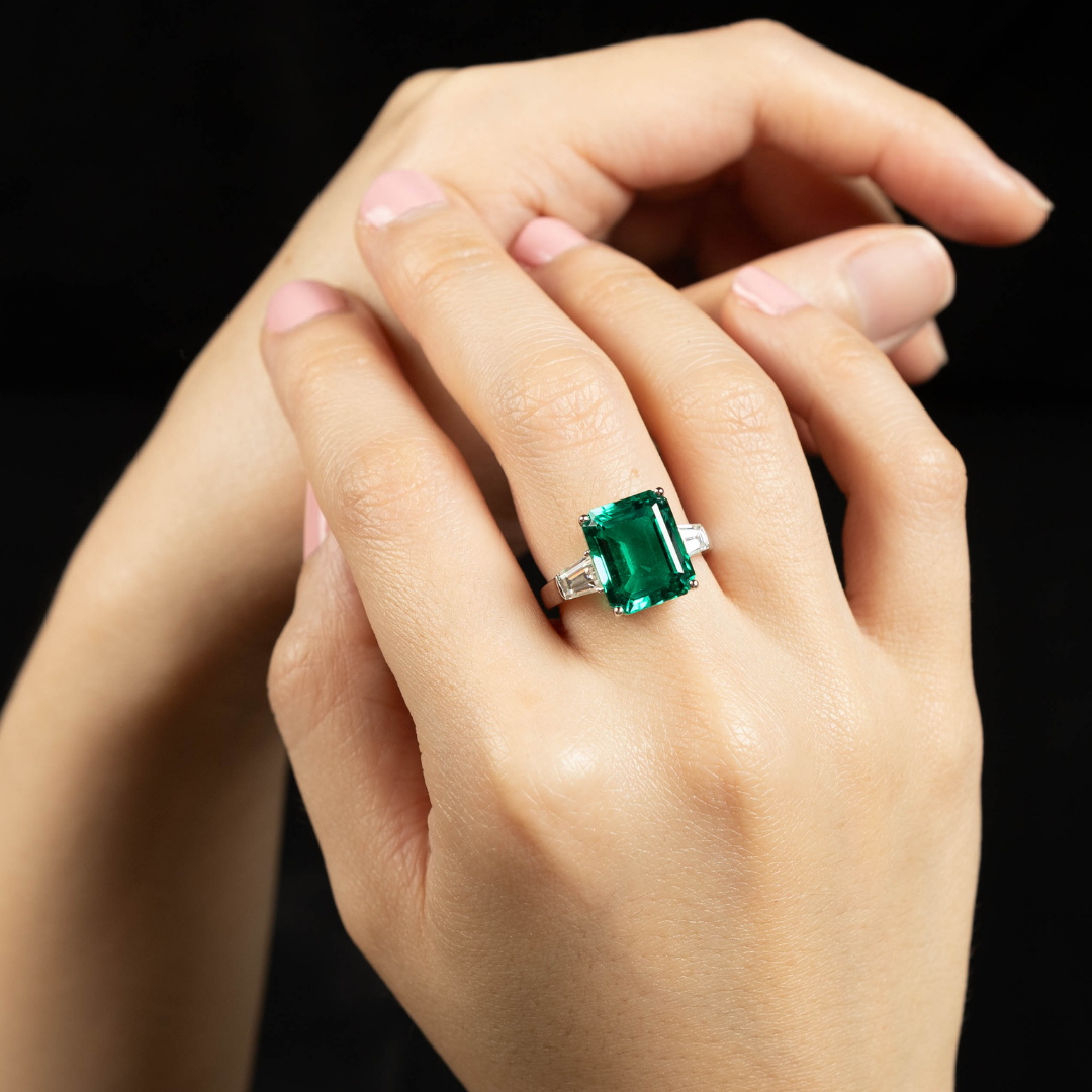 4.5 Ct Lab-Grown Emerald with Tapered Baguette Lab-Grown Diamonds